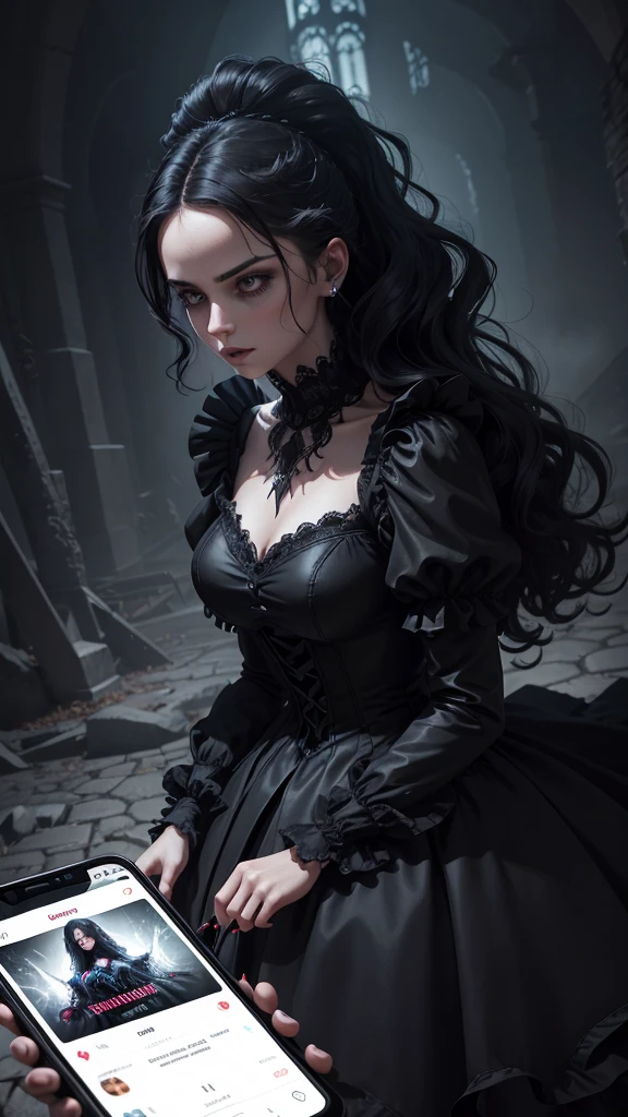 A creative digital illustration of Gothic Vampire Woman emerging from a smartphone screen. With a spectacular dress and black shoes, her hair is very well combed wavy. The background shows a digital representation of a smartphone, with various app icons and notifications visible. The overall atmosphere of the picture is dark and spectacularly intriguing, with a touch of modern technology.