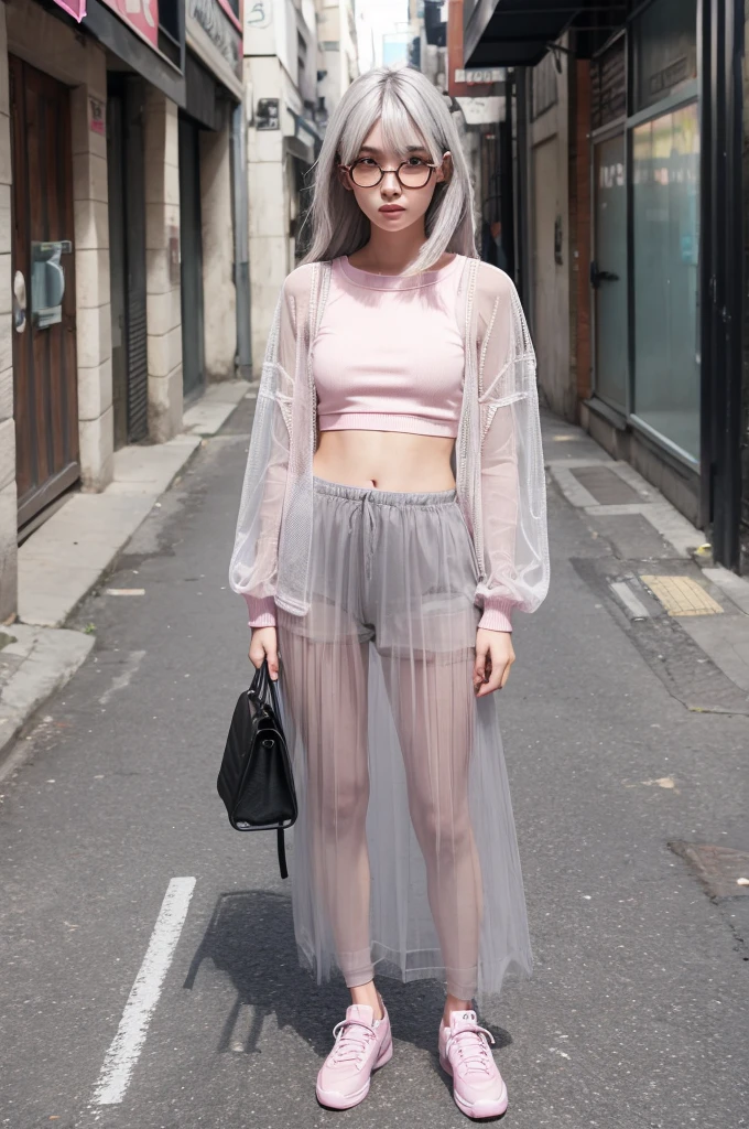 Street Style,girl,semi-long,Gray Hair,Pink Mesh,Odd Eye,Confused eyes,tall,slender,G-Cup
