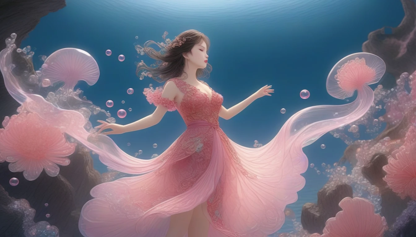 1 Girl, Solitary, Under the Deep Sea, Beautiful Inner Glow；Wearing pink Chinese clothing，Fairy the same，underwater dance；dancer；pink water，金色的bubble； Deep Shadows, Extraordinary details, bubble, spark, Sun streaks, seabed, dark, whole body, swirl, Blu-ray, Embed:Average runoff, masterpiece, high quality, 4K