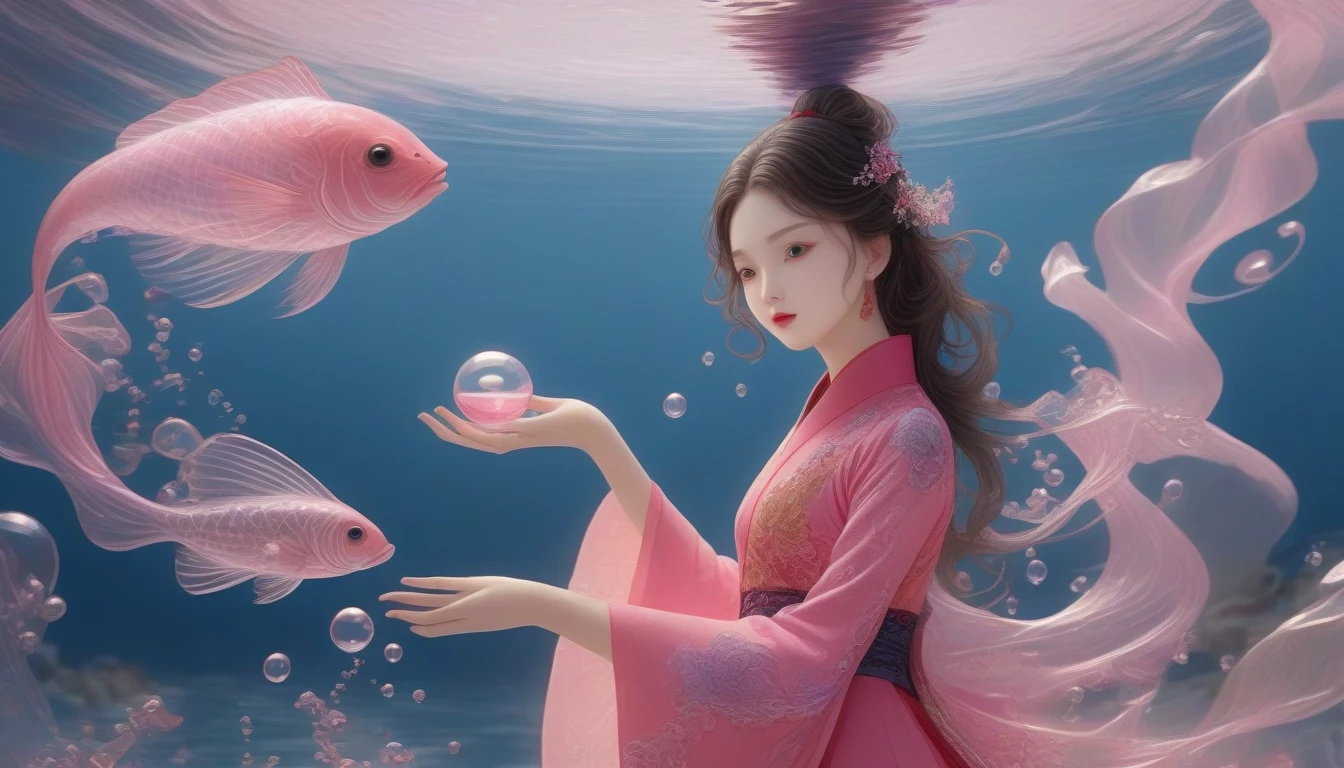 1 Girl, Solitary, Under the Deep Sea, Beautiful Inner Glow；Wearing pink Chinese clothing，Fairy the same，underwater dance；dancer；pink water，金色的bubble； Deep Shadows, Extraordinary details, bubble, spark, Sun streaks, seabed, dark, whole body, swirl, Blu-ray, Embed:Average runoff, masterpiece, high quality, 4K