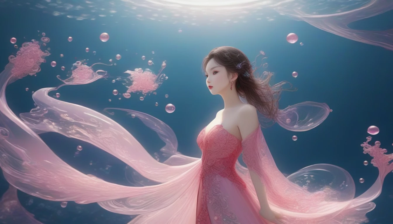 1 Girl, Solitary, Under the Deep Sea, Beautiful Inner Glow；Wearing pink Chinese clothing，Fairy the same，underwater dance；dancer；pink water，金色的bubble； Deep Shadows, Extraordinary details, bubble, spark, Sun streaks, seabed, dark, whole body, swirl, Blu-ray, Embed:Average runoff, masterpiece, high quality, 4K
