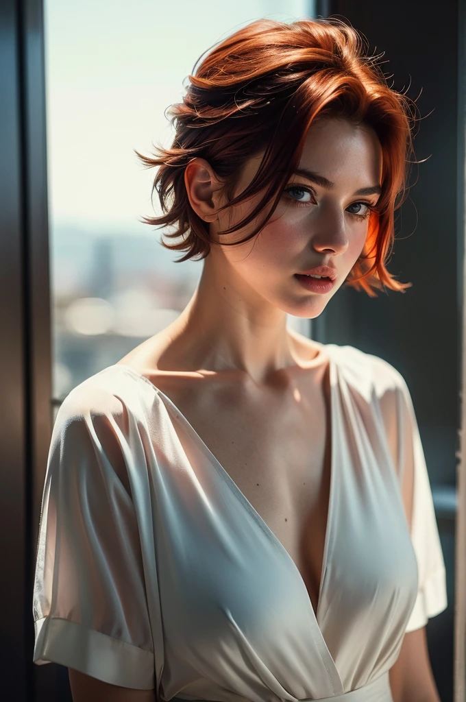 Instagram Photos, French woman, 21 years old, square hair cut,Redhead, Draped shirt, Neckline, pale, Sharp Shadow