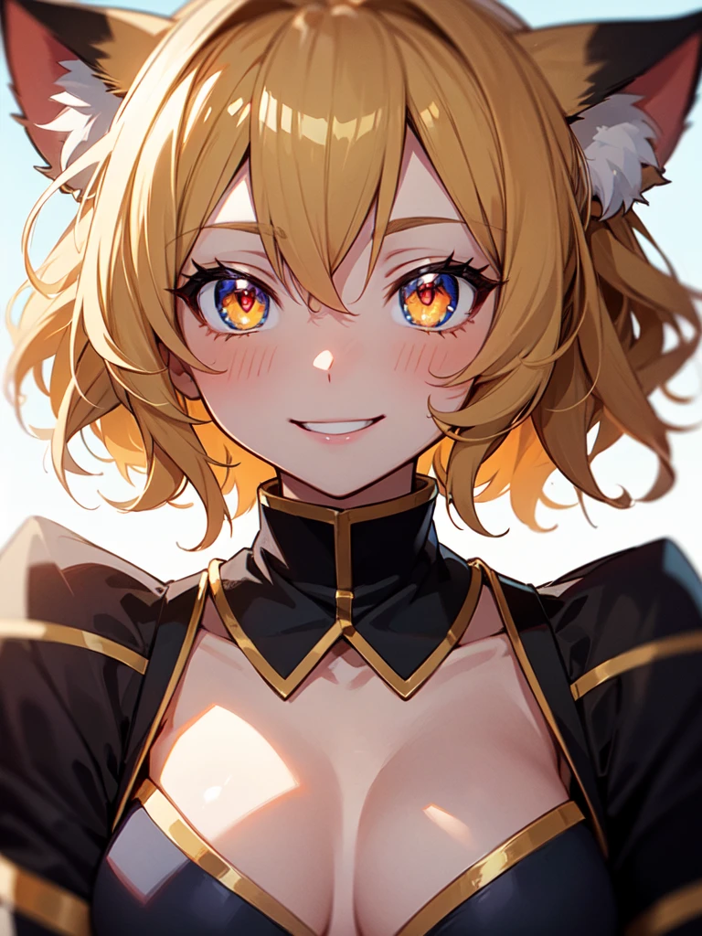 hair over shoulder, wavy hair, hair strand, shiny hair, blonde hair, eye reflection, glowing eyes, slit pupils, amber eyes, cat ears, smile, blush, glint, happy, anime, anime style, En plein air, high detail, cinematic lighting, ray tracing, reflection light, masterpiece, accurate, anatomically correct, super detail, high details, high quality, best quality, highres, 4K
