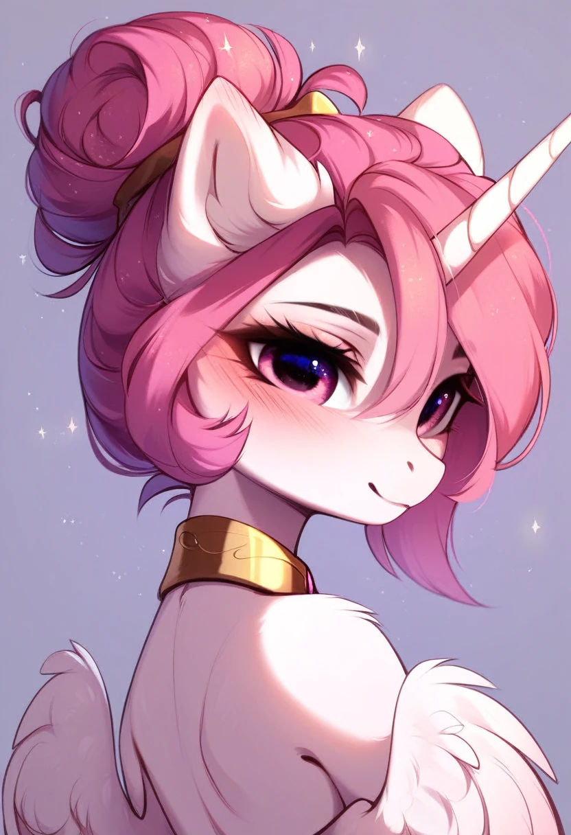 check_9, check_8_up, check_7_up, source_fluffy, rating_safe, from Magnaluna, Celestia poses seductively in a white bedroom, dark pink mane with gold stripes in it, hair bun with bangs, pink eyes, white body, anthro, blushing,