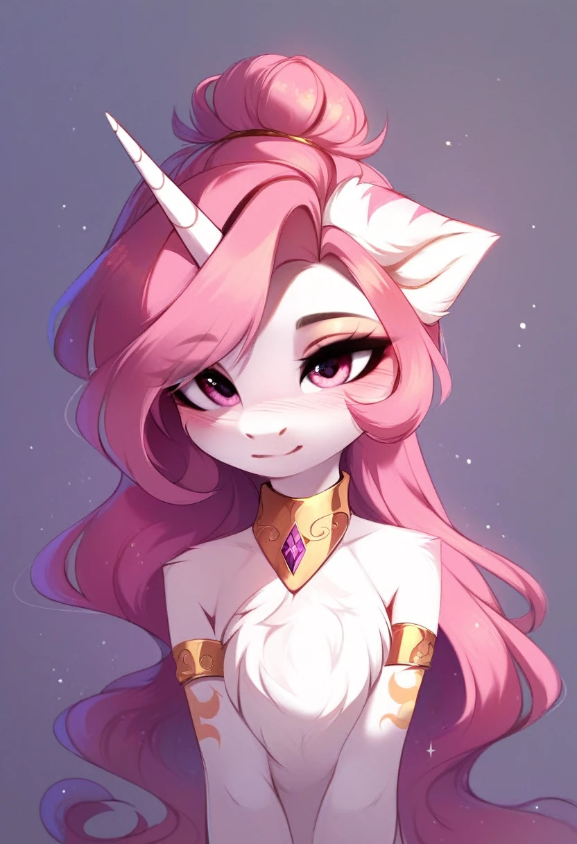 check_9, check_8_up, check_7_up, source_fluffy, rating_safe, from Magnaluna, Celestia poses seductively in a white bedroom, dark pink mane with gold stripes in it, hair bun with bangs, pink eyes, white body, anthro, blushing,  