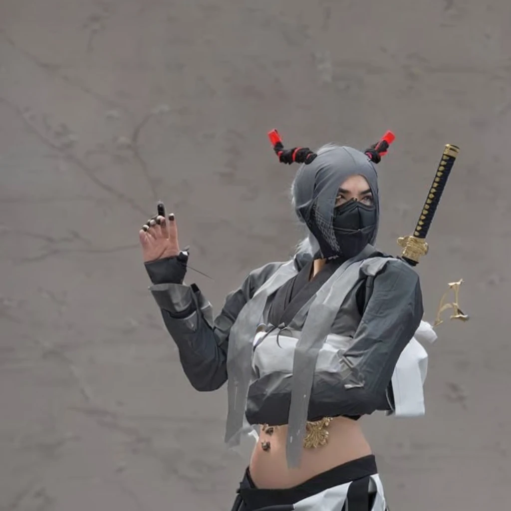 a close up of a person in a costume with a gun, ninja outfit, goth ninja, dramatic wielding katana pose, kunoichi, in the style of sifu 🔥 😎 🕹️ 👀 :2, badass pose, wielding kunai, mystic ninja, katana zero video game character, female samurai, detailed bushido form smoke, samurai outfit