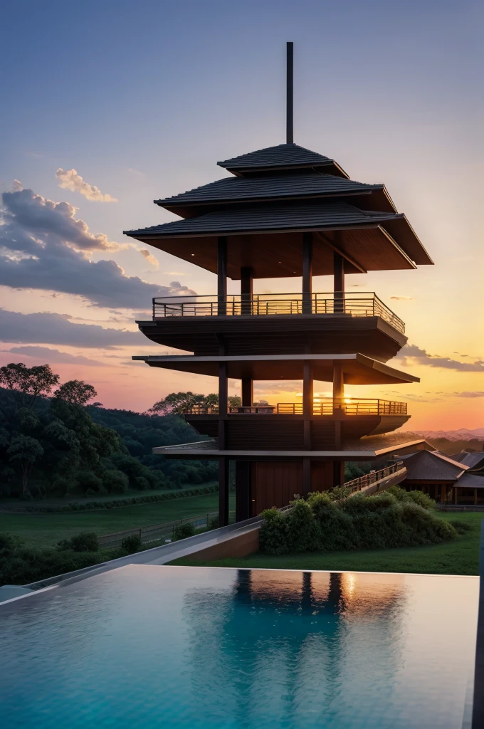 Resort with Zaha Hadid style tower with wood and metal texture, hotel with infinity pool, a twilight with sunset on the farm in high quality, cattle farm, 8k UHD