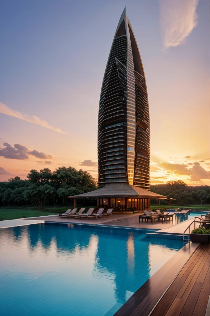 Resort with Zaha Hadid style tower with wood and metal texture, hotel with infinity pool, a twilight with sunset on the farm in high quality, cattle farm, 8k UHD