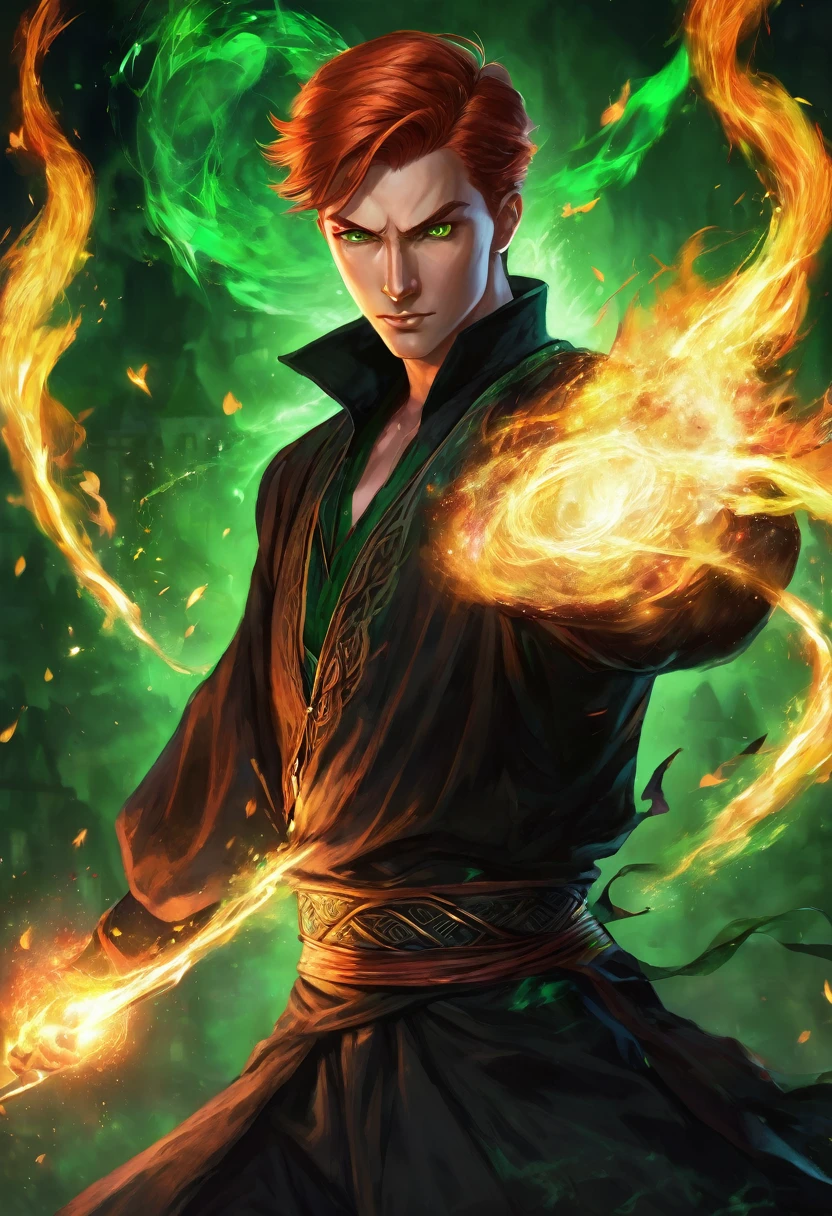 Young guy, strong, medium-short red hair with slick back hairstyle, glowing magic green eyes, green shadow magic,black magic runes, ancient magic use, black sherwani, medieval times, blazing flames out of his bare hands, fighting, fight stance, detail love, good quality, digital art