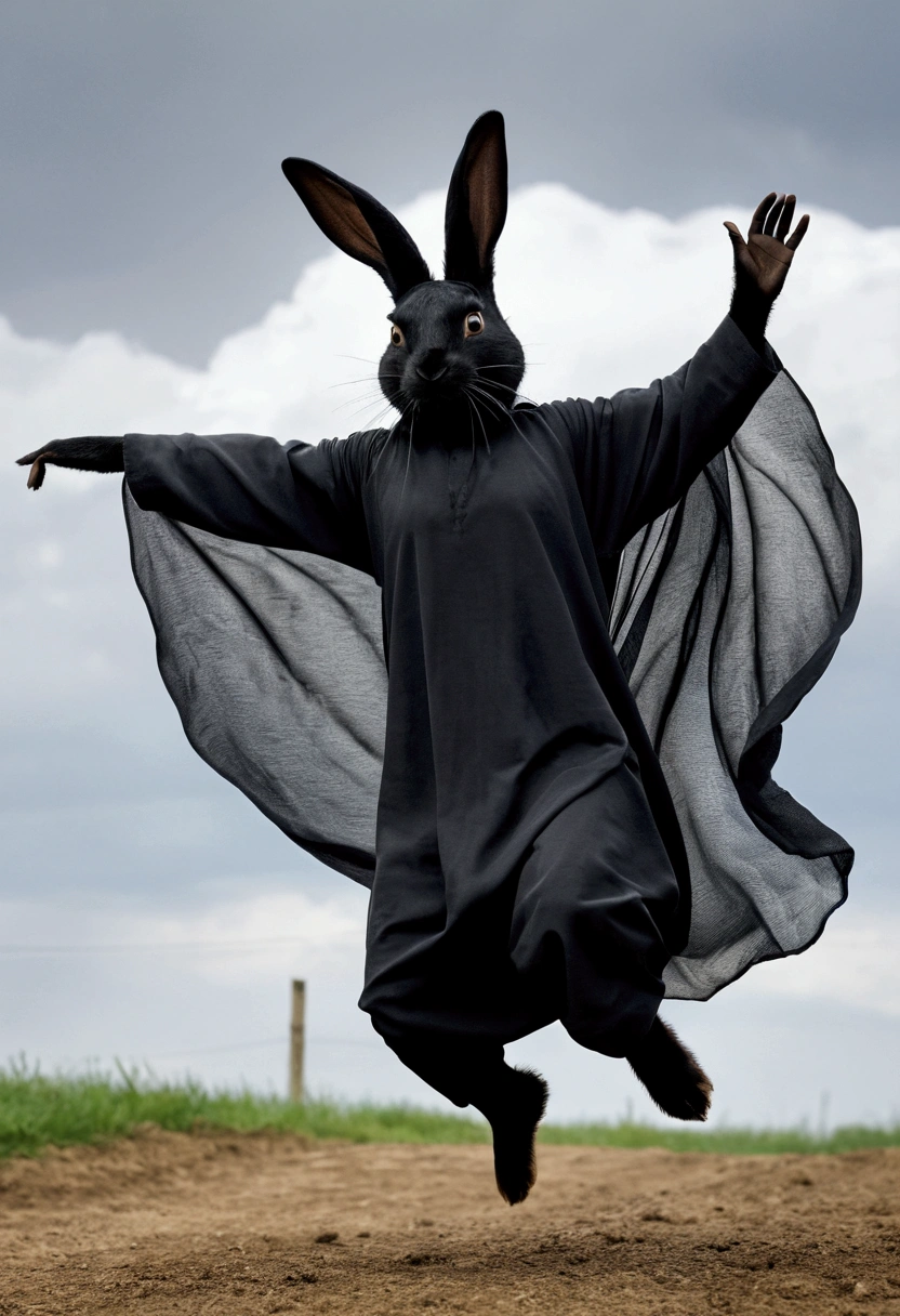A black rabbit jumps into the air on its front legs, Burqa, miura, Inspired by Nikolai Blaček, miura kentaro style, Inspired by Maciej Kučara, Inspired by Franciszek Zmulko, miura kentaro, Cloudy, Martina Krupicova, Murray Tinkelman