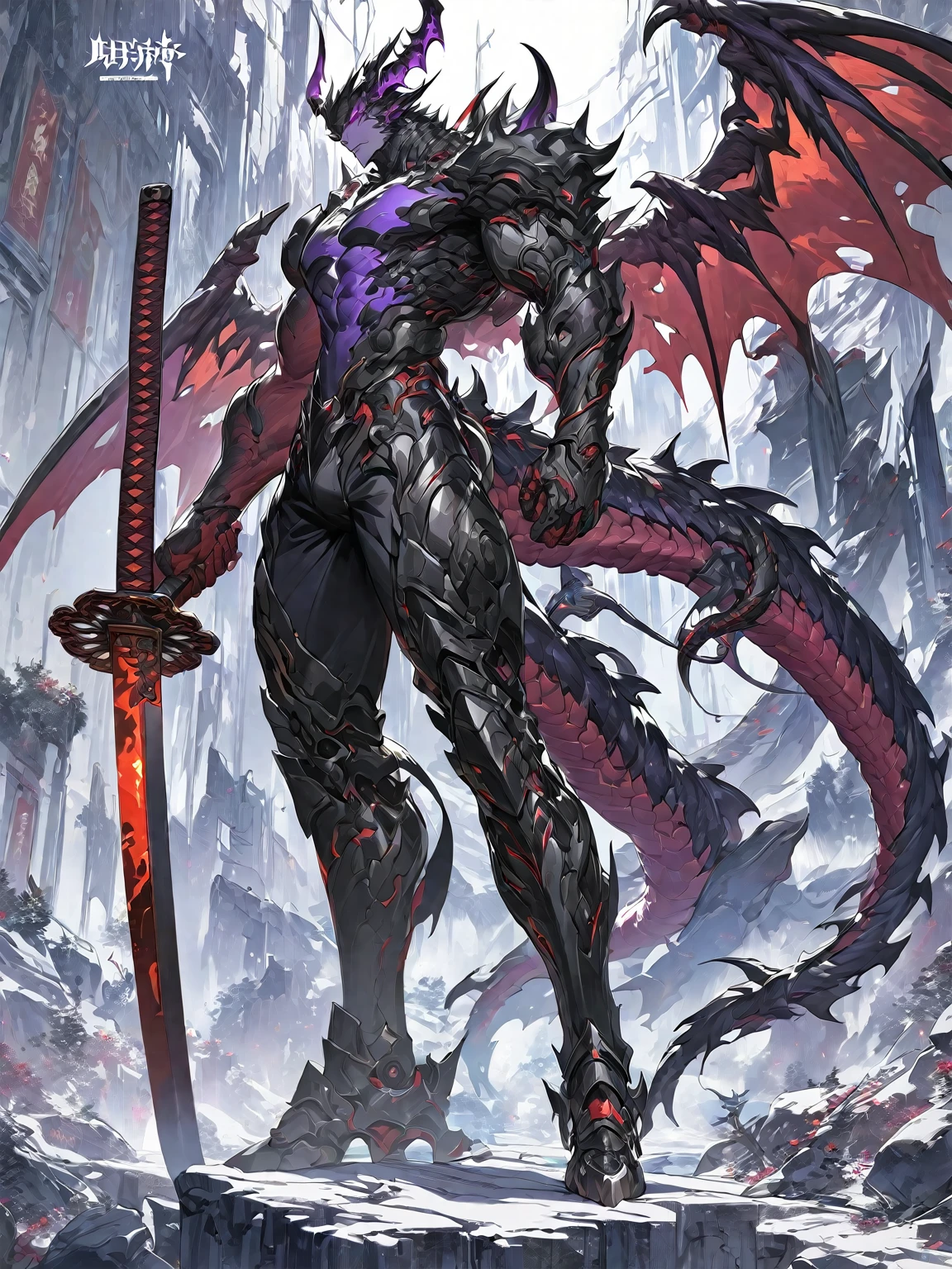 Best quality 8K resolution, Highly detailed, Digital Painting, Concept art, of the highest quality, One, beautiful, 1 man, adult man, with a sporty body, V-shaped body, black detailed armor with glowing purple details, black demonic horns, with large and long dragon wings, short hair, black hair, purple with red tones reptile eyes, a man has a huge and long katana in his hand, Against the background of war
