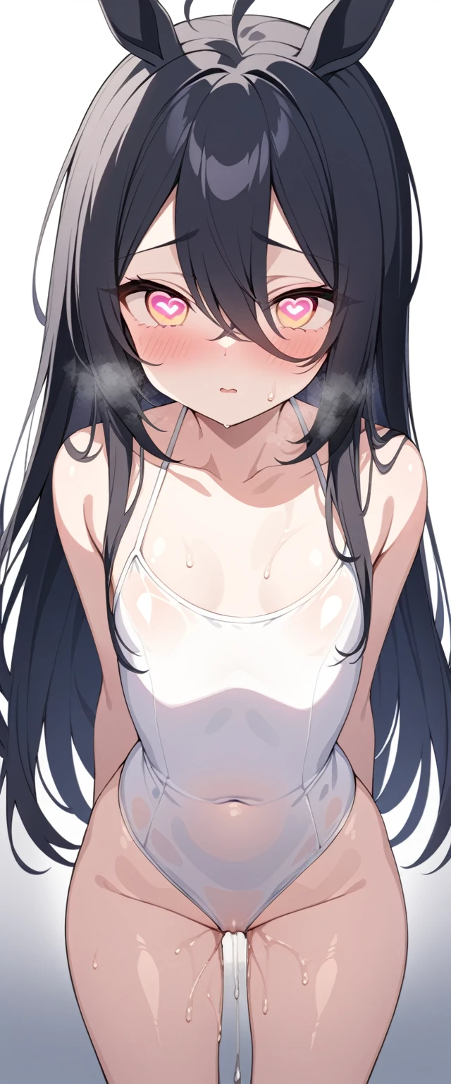 (Highest quality), (High resolution), (masterpiece), (Very detailed), One Girl, Cowboy Shot, One Girl,Manhattan Cafe \(Horse Girl\),Long Hair, Black Hair, Hair between the eyes, Flat Chest, , Silky skin, Shiny skin, blush,Heart pupil, Heavy breathing,(White string swimsuit), Front view, (Bright saturation), Love juice drips from the crotch, close, Swimwear is see-through, Semen is poured on, (Sex slave),