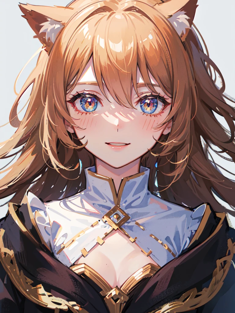 hair over shoulder, wavy hair, hair strand, shiny hair, blonde hair, eye reflection, glowing eyes, slit pupils, amber eyes, cat ears, smile, blush, glint, happy, anime, anime style, En plein air, high detail, cinematic lighting, ray tracing, reflection light, masterpiece, accurate, anatomically correct, super detail, high details, high quality, best quality, highres, 4K