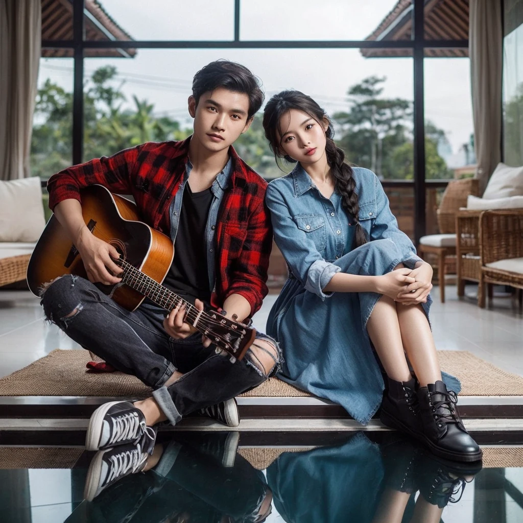 Original photo of an Indonesian couple with clean faces and white skin, the man wears a red checkered flannel shirt,ripped black jeans , wearing shoes,Women , hair in braids , wearing a blue knee-length blouse dress , wearing shoes, they pose sitting on top of the villa's glass-floored gazebo , man holding a guitar ,Women menyanyi ,with a romantic atmosphere and a sweet smile, HD high-quality photography long shoot,100k