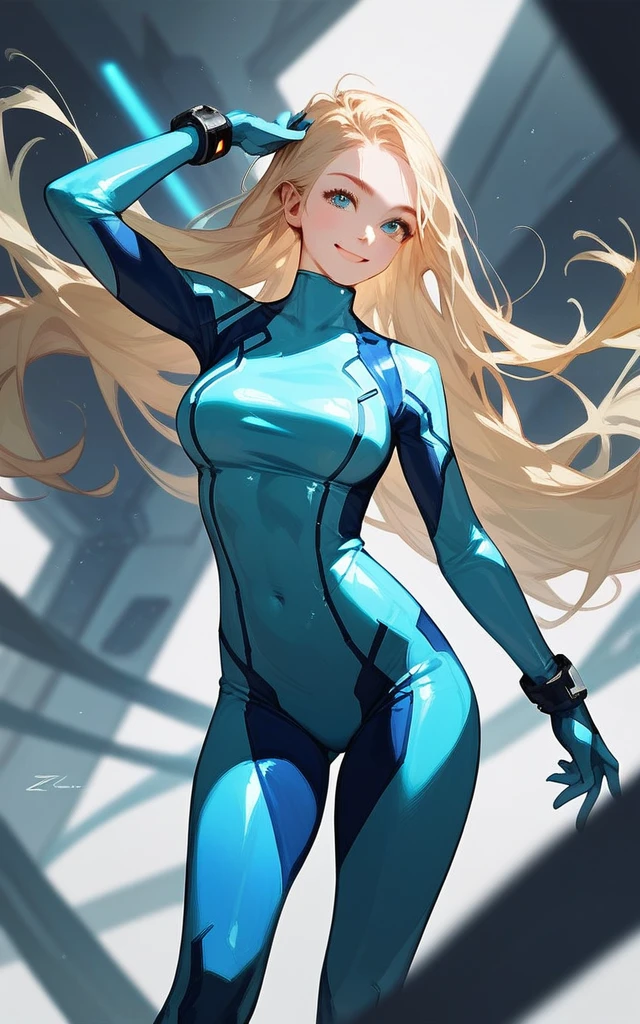girl, smile, zero suit, blonde, blue eyes, Hyper Realistic