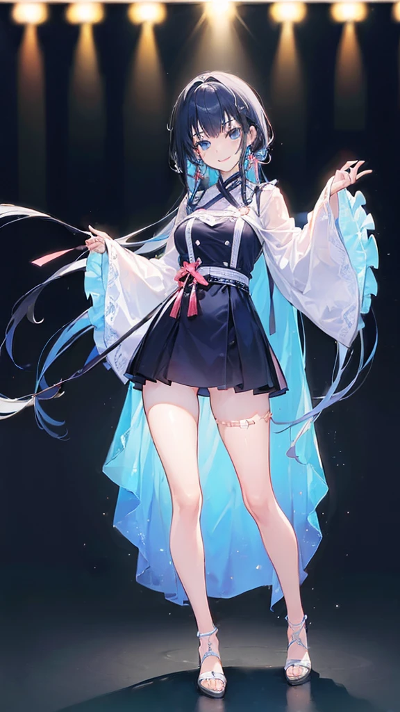 ((Full Body Shot: 1.5))、Big smile、Slim style、((The background is blurred and I can&#39;t see anything))、(down view),Dynamic Angle,Ultra-detailed, illustration, Close-up, straight on, 1girll, (fantasy:1.4), (azureblueeyes:1.233),Her eyes shone like dreamy stars,(Glowing eyes:1.233),(Beautiful and detailed eyes:1.1),(Silver hair:1.14),(Messy hair,Very long hair,french braid,hair between eye,side locks), (+(bule hair flower:1.14)),(Chiffon dress,bule flower pattern in uniform)/=(army suit:1.24),(Detached sleeves,Wide sleeves),(Fingerless gloves),choker necklace,(miko thighhighs),high heels boots,(Expressionless,Closed mouth),(standing), (Classical princess boudoir with dressing table and floor-to-ceiling windows in a white ancient palace),(White flowers,full bloom),(abyssal),(Flowing water),(a dull blue world tree:1.14),(ruins),(Night:1.2),Dreamy,soul,(Fluorescence),(flying translucent blue butterflies:1.15), [[Delicate fingers and hands:0.55]::0.85],(Detail fingers),(yubao:0.5),