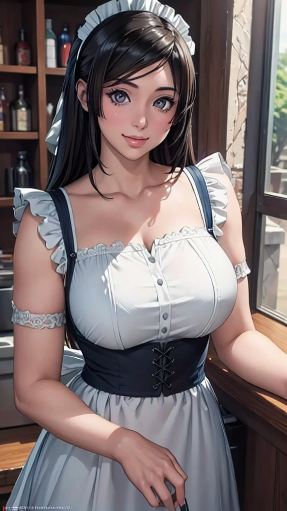 (Highest quality,4K,8K,High resolution,masterpiece:1.2),Super detailed,(Realistic,photoRealistic,photo-Realistic:1.37),Beautiful detailed portrait of a woman with big eyes, Fuller lips, Long eyelashes, Maid clothesを着て, A kind smile, Highly detailed face, Maid clothes, Intricate details, Vibrant colors, Dramatic lighting, Structure of the film, Anime-inspired art style