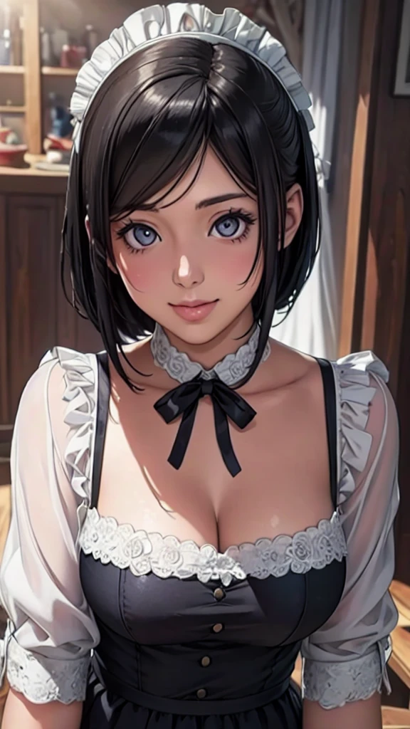 (Highest quality,4K,8K,High resolution,masterpiece:1.2),Super detailed,(Realistic,photoRealistic,photo-Realistic:1.37),Beautiful detailed portrait of a woman with big eyes, Fuller lips, Long eyelashes, Maid clothesを着て, A kind smile, Highly detailed face, Maid clothes, Intricate details, Vibrant colors, Dramatic lighting, Structure of the film, Anime-inspired art style