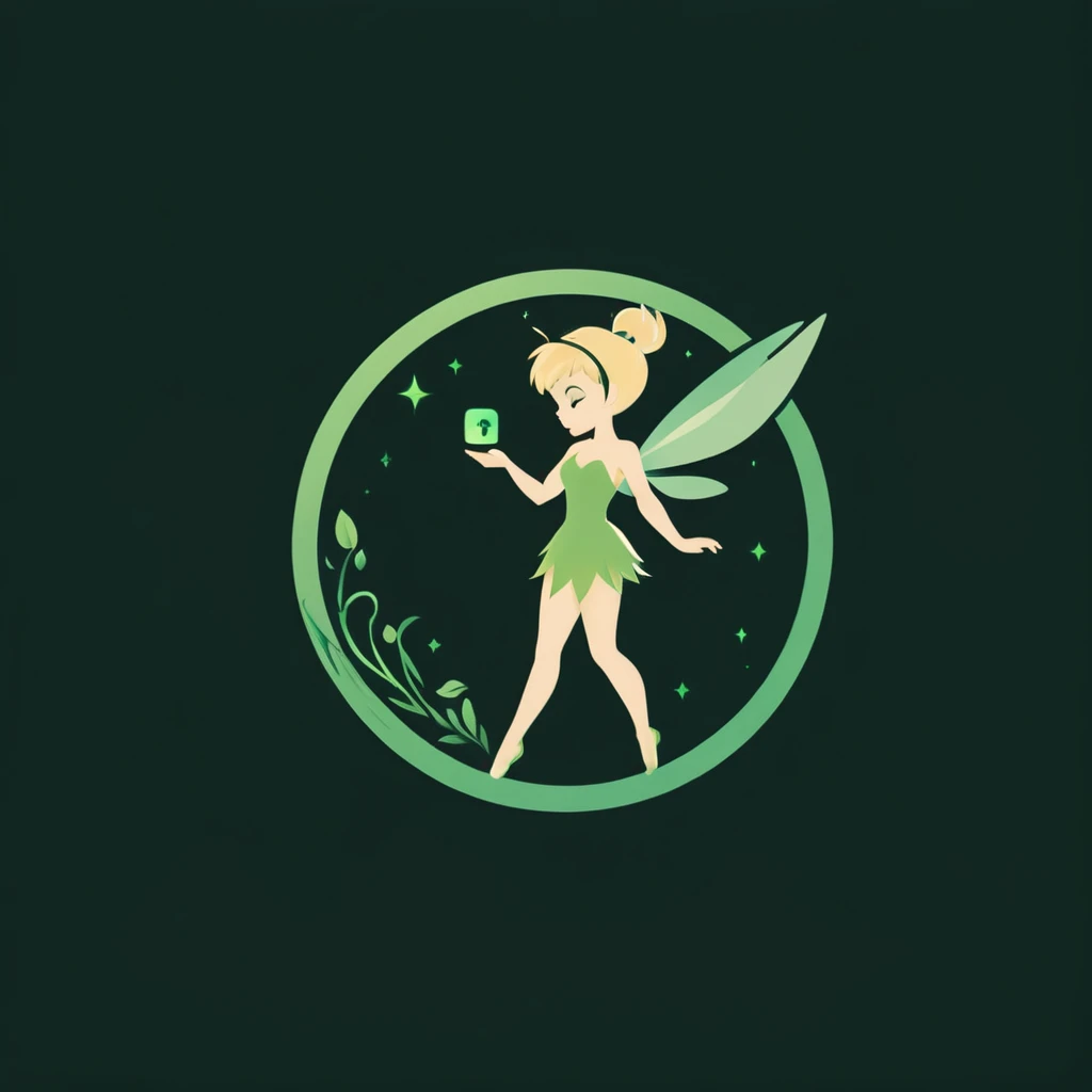 A logo with TinkerBell playing video games, minimalist, of various shades of green.