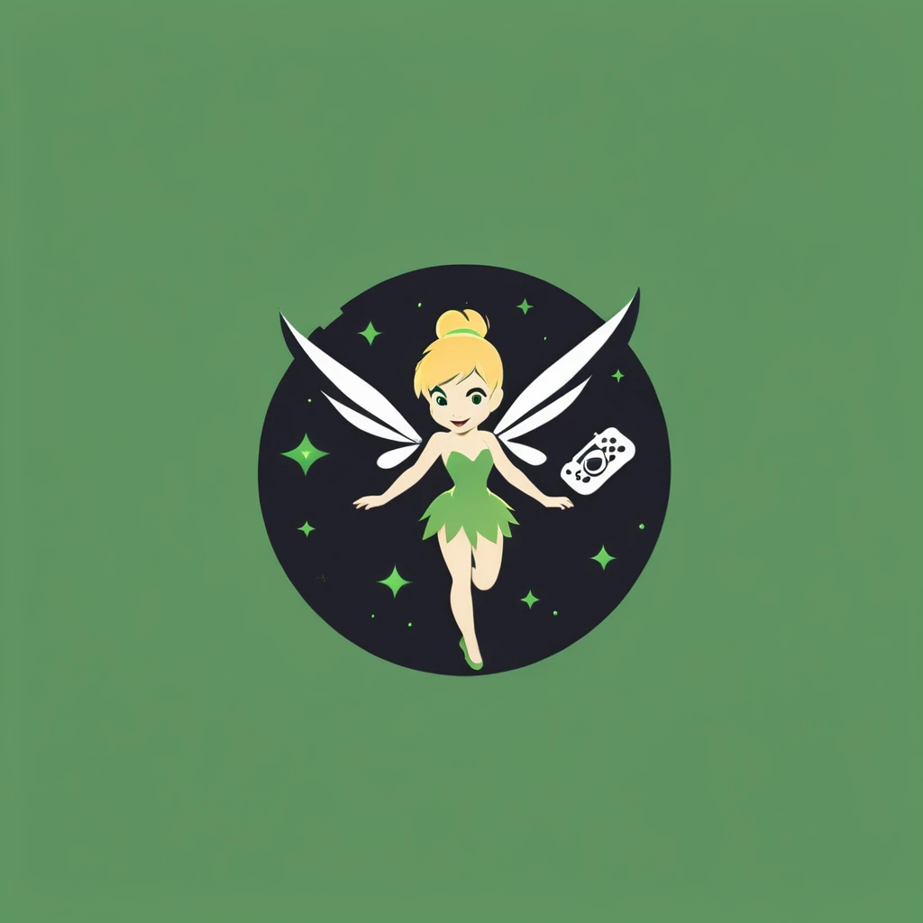 A logo with TinkerBell playing video games, minimalist, of various shades of green.