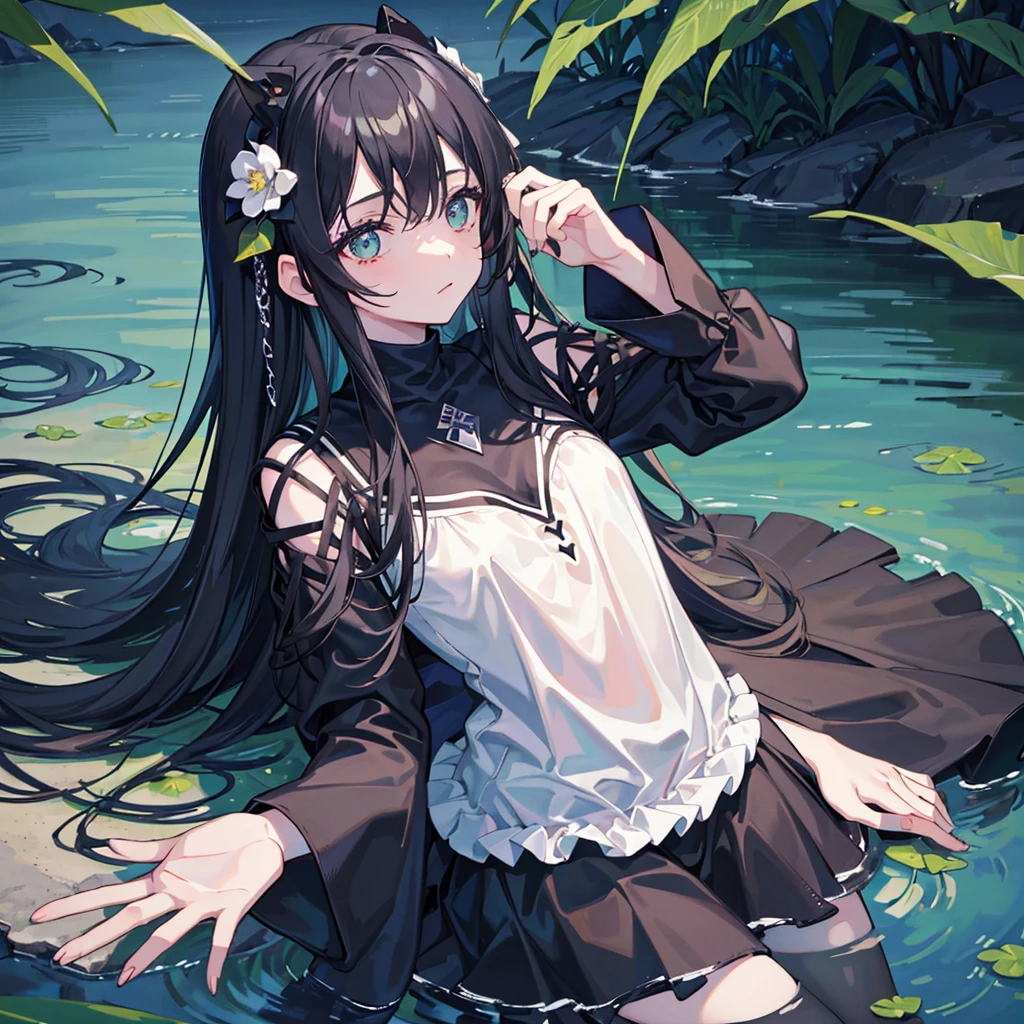 Best quality at best,Masterpiece a girl,Black clothes,contempt eyes,Fallen Angel,lake water,darkly,Smoky eyes,gloomily,Green flower hair accessories,Black hair