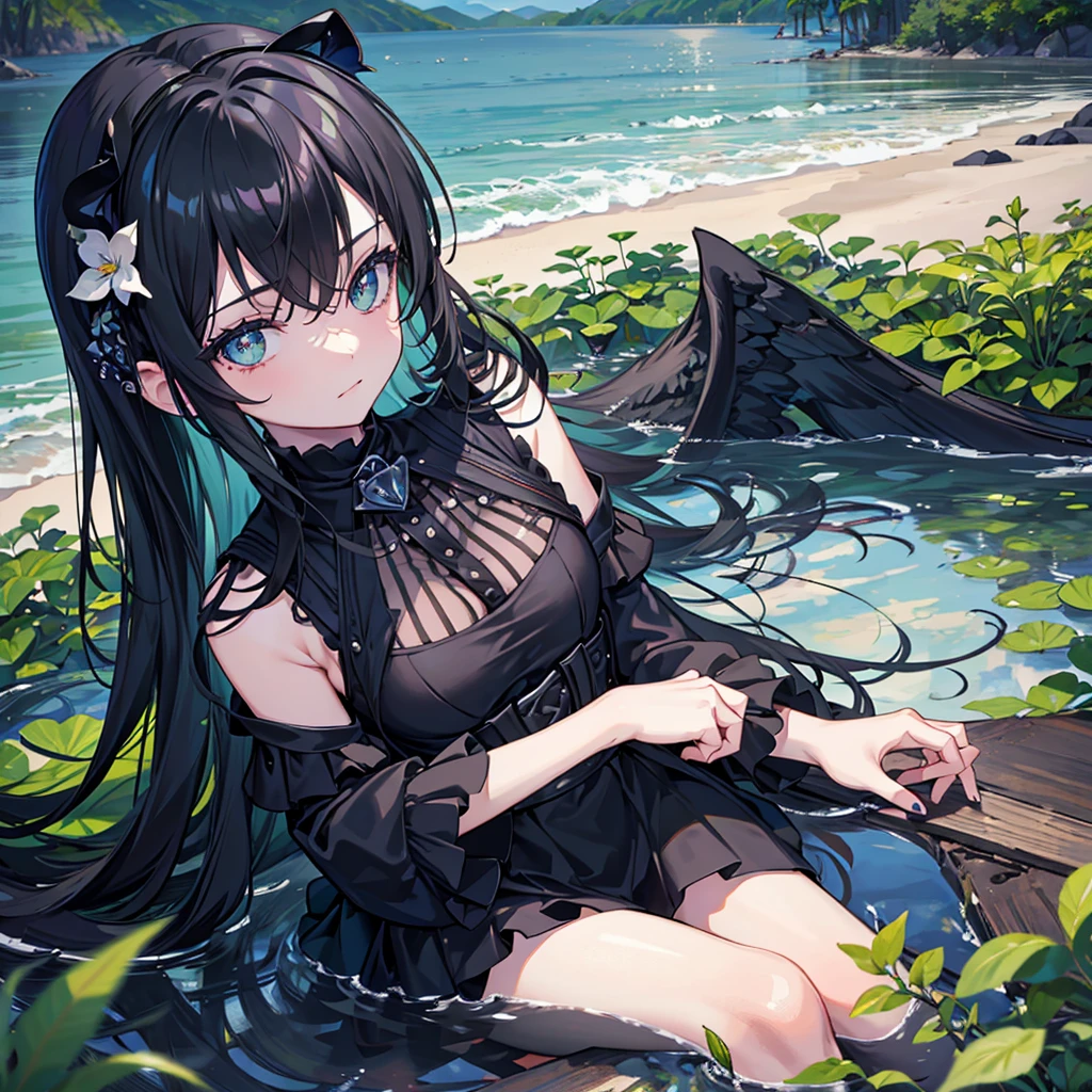 Best quality at best,Masterpiece a girl,Black clothes,contempt eyes,Fallen Angel,lake water,darkly,Smoky eyes,gloomily,Green flower hair accessories,Black hair