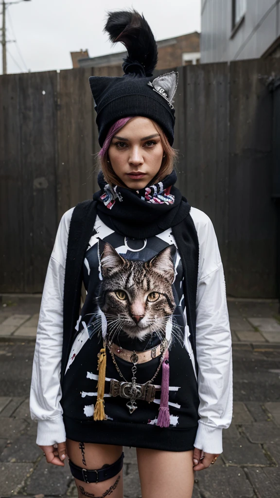 Cat painting with hat and scarf., fashion at the art station, punk dress, detailed hyperrealistic rendering, British gang members, Street style, intimidating pose, planet of cats, trendy clothes, urban samurai, Meow, West Slavic characteristics, 8 1 5