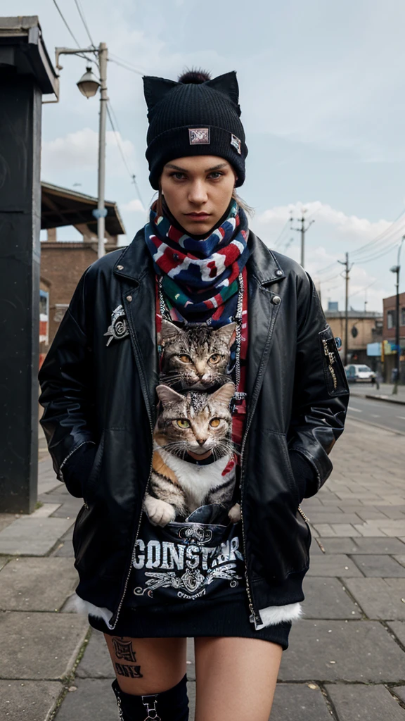 Cat painting with hat and scarf., fashion at the art station, punk dress, detailed hyperrealistic rendering, British gang members, Street style, intimidating pose, planet of cats, trendy clothes, urban samurai, Meow, West Slavic characteristics, 8 1 5
