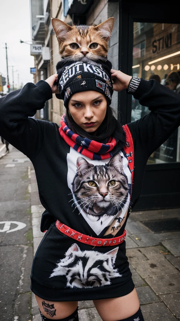 Cat painting with hat and scarf., fashion at the art station, punk dress, detailed hyperrealistic rendering, British gang members, Street style, intimidating pose, planet of cats, trendy clothes, urban samurai, Meow, West Slavic characteristics, 8 1 5