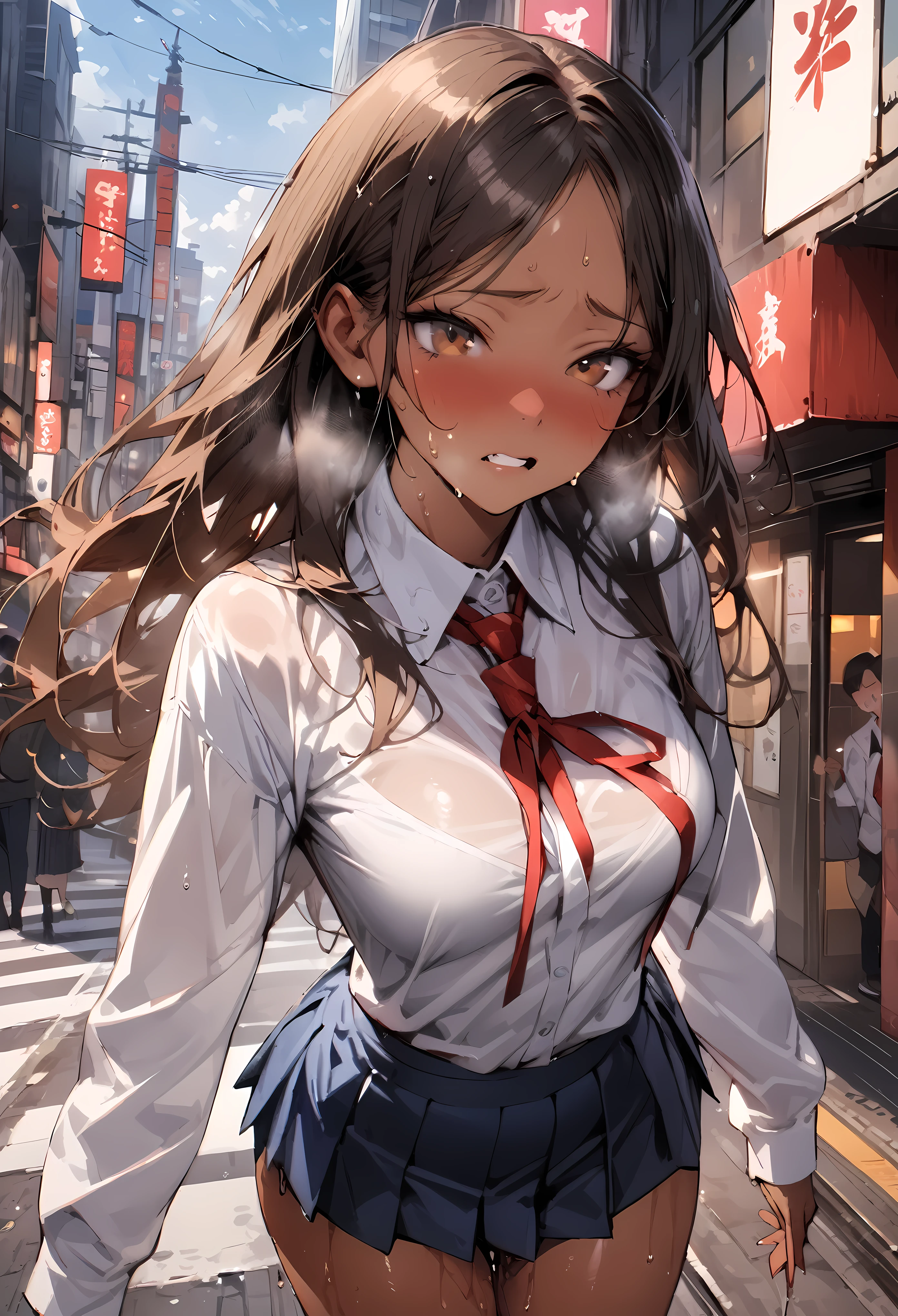 ((masterpiece,Highest quality:1.3,best quality illustration,realistic:1.3)),cowboy shot,solo,1woman,(20-year-old、Japanese Beauty)、brown hair,long hair,center parted bangs,brown eyes,gorgeous eyes,((very small head:1.3)),shy,Heavy breathing,((very long body:1.2,skinny)),medium breasts,((tan skin:1.3)),(Red ribbon tie、White collared shirt、Long sleeve navy blue pleated mini skirt)),gleaming skin,toned body,slender body、Wet crotch、sweat,on street,shibuya、Modern Tokyo、