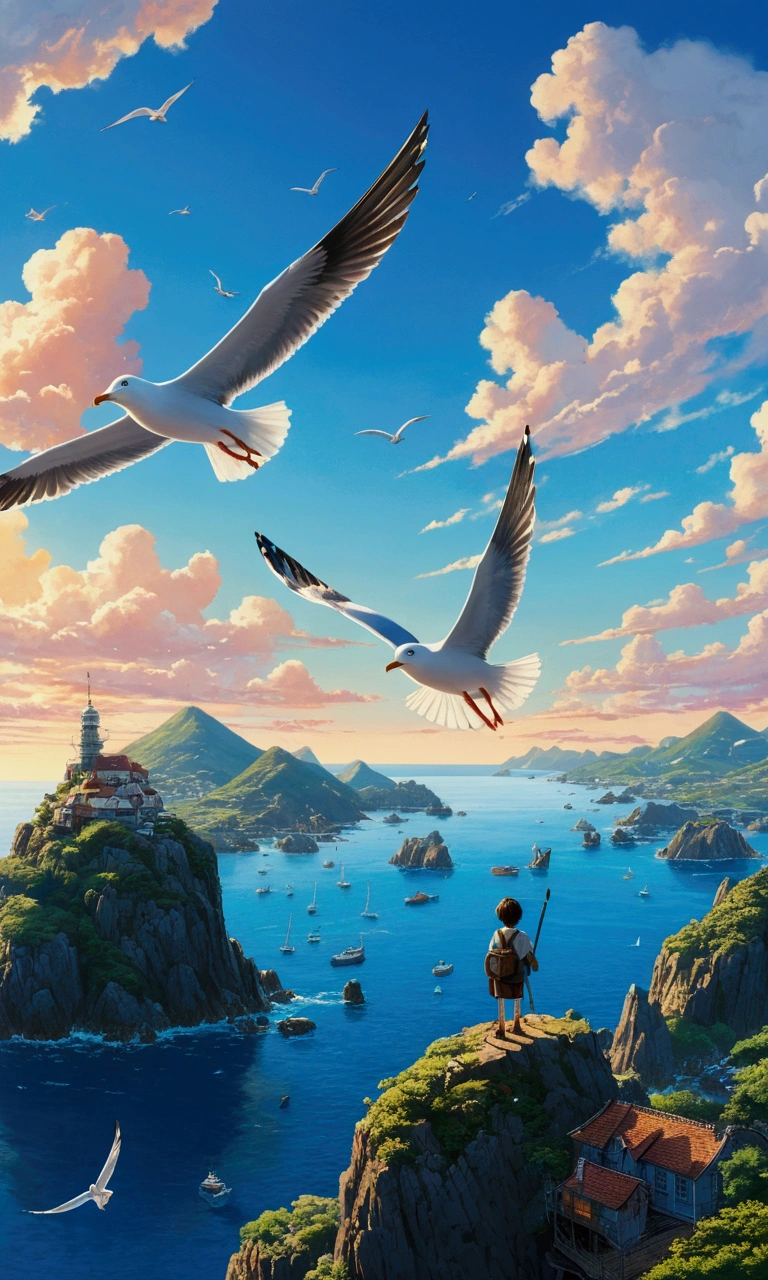 Master Parts, Bird's Eye View, Highest quality, Movie stills, 1 tour , Seagull, Below is the blue sea and islands., Scrap delivery service, Miyazaki anime films, Ghibli anime, Clouds in the sky, blue sky, close, bright, Happy, Soft lighting and warmth, sunrise, (spark:0.7), Ultra Grande Angular, 8K, Super Detail, Accurate, Highest quality