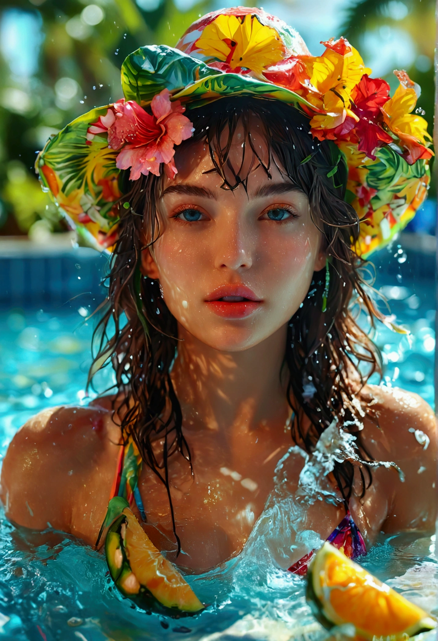 a beautiful girl in a bikini at a pool party, detailed face, full body shot, detailed eyes, detailed lips, wet skin, water splashing, tropical plants, palm trees, flower fruits party cap, sun shining, vibrant colors, stunning 4k, photorealistic, highly detailed