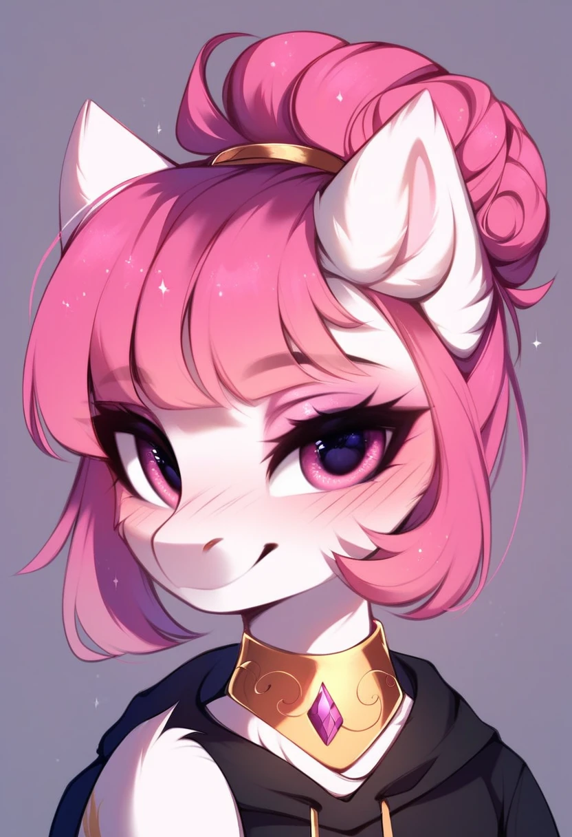 check_9, check_8_up, check_7_up, source_fluffy, rating_safe, from Magnaluna, Celestia poses seductively in a white bedroom, dark pink mane with gold stripes in it, hair bun with bangs, pink eyes, white body, anthro, blushing,