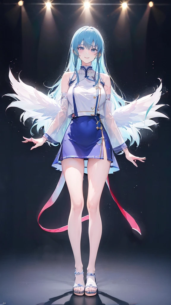 ((Full Body Shot: 1.5))、Big smile、Slim style、((The background is blurred and I can&#39;t see anything))、(down view),Dynamic Angle,Ultra-detailed, illustration, Close-up, straight on, 1girll, (fantasy:1.4), (azureblueeyes:1.233),Her eyes shone like dreamy stars,(Glowing eyes:1.233),(Beautiful and detailed eyes:1.1),(Silver hair:1.14),(Messy hair,Very long hair,french braid,hair between eye,side locks), (+(bule hair flower:1.14)),(Chiffon dress,bule flower pattern in uniform)/=(army suit:1.24),(Detached sleeves,Wide sleeves),(Fingerless gloves),choker necklace,(miko thighhighs),high heels boots,(Expressionless,Closed mouth),(standing), (Classical princess boudoir with dressing table and floor-to-ceiling windows in a white ancient palace),(White flowers,full bloom),(abyssal),(Flowing water),(a dull blue world tree:1.14),(ruins),(Night:1.2),Dreamy,soul,(Fluorescence),(flying translucent blue butterflies:1.15), [[Delicate fingers and hands:0.55]::0.85],(Detail fingers),(yubao:0.5),