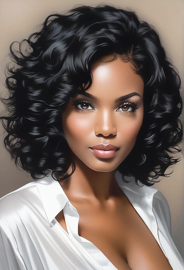 (Ebony model)drawing of the face of a 35 year old woman,short curly black hair,big breasts,exposed cleavage,white satin shirt