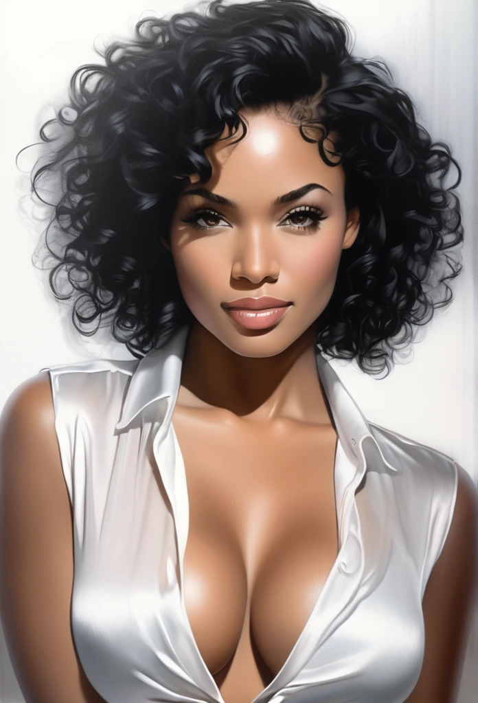 (Ebony model)drawing of the face of a 35 year old woman,short curly black hair,big breasts,exposed cleavage,white satin shirt