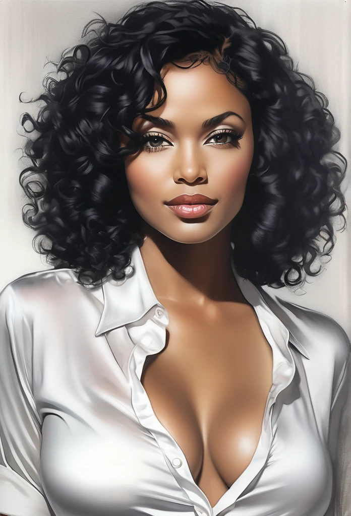 (Ebony model)drawing of the face of a 35 year old woman,short curly black hair,big breasts,exposed cleavage,white satin shirt