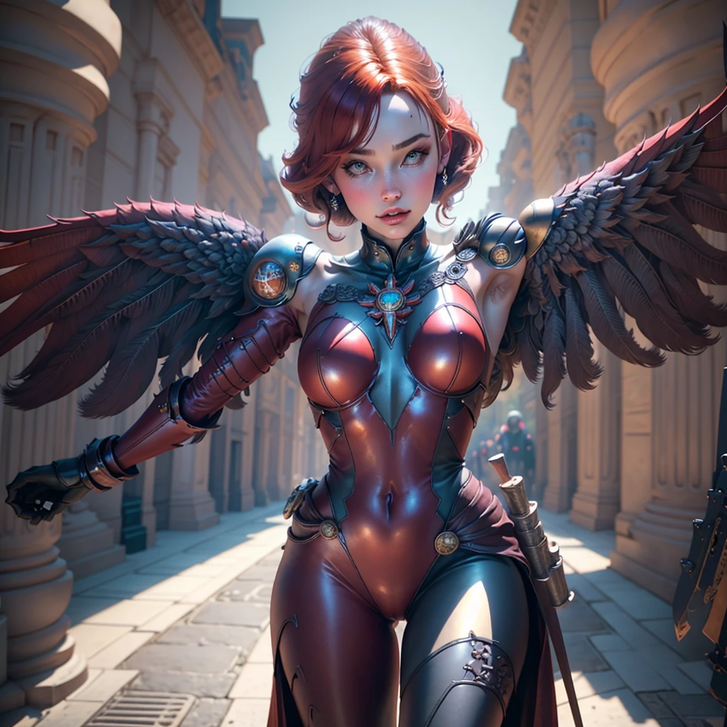 a close up of a woman in a red costume with a sword, lady in red armor, redhead queen in heavy red armor, 3 d render character art 8 k, diablo 4 lilith, skintight red leather armor, red armor, red skintight leather armor, trendin on artstation, artgerm ; 3d unreal engine, sci fi female character BREAK abstract background,BREAK TPose, outstretched arms,