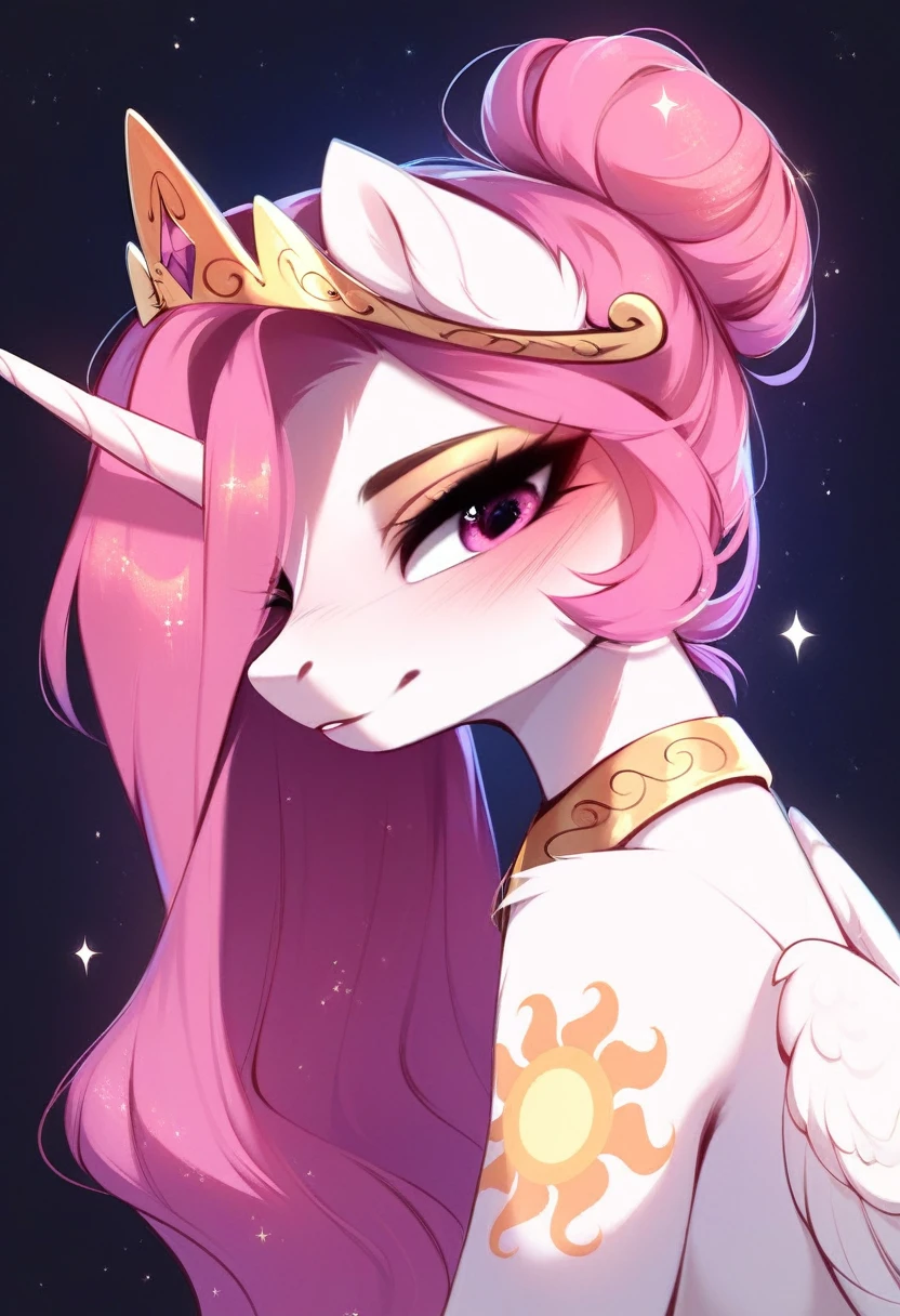 check_9, check_8_up, check_7_up, source_fluffy, rating_safe, from Magnaluna, Celestia poses seductively in a white bedroom, dark pink mane with gold stripes in it, hair bun with bangs, pink eyes, white body, anthro, blushing,  