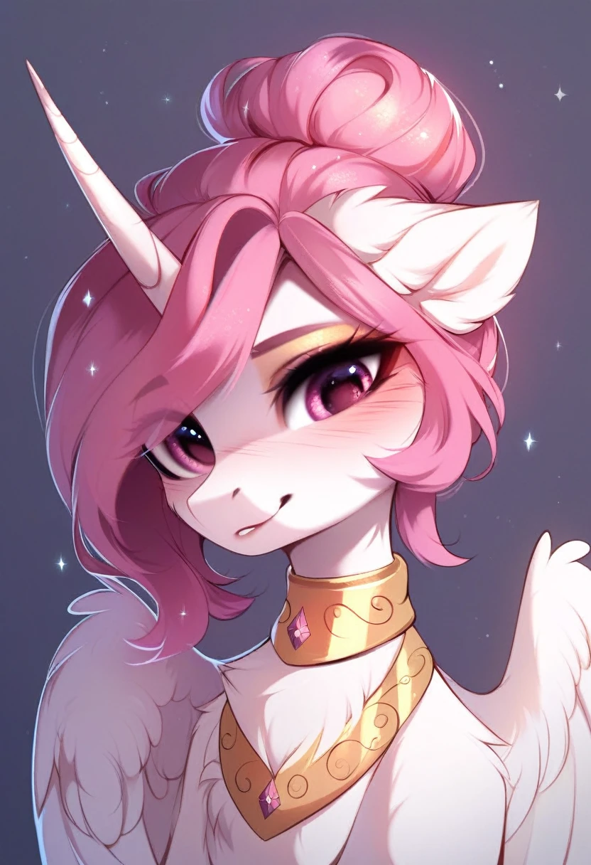 check_9, check_8_up, check_7_up, source_fluffy, rating_safe, from Magnaluna, Celestia poses seductively in a white bedroom, dark pink mane with gold stripes in it, hair bun with bangs, pink eyes, white body, anthro, blushing,