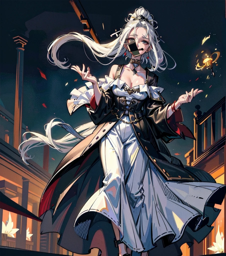 Beautiful goddess,1 Girl,Off-shoulder dress,Moderate hair,Moderate ,Exposed collarbone,Tear mole,Gorgeous goddess dress,Candlelight room,Flowing robe,The expression is arrogant,White hair,Gorgeous shoes,There is a mysterious mark in the middle of the forehead,(best quality,4K,8K,high resolution,masterpiece:1.2),Extremely detailed,(Practical,photoPractical,photo-Practical:1.37),fantasy,Facing the camera,Crystal ball floating on the palm,Intricate details,Dramatic Lighting,Melancholy atmosphere,Rich colors