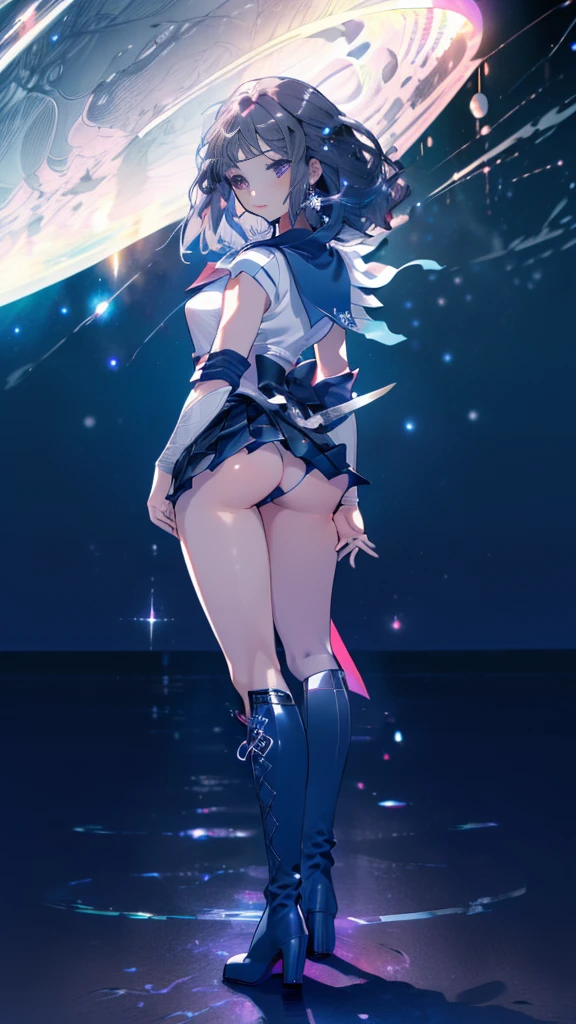 (full body),Sailor Saturn, purple Sailor collar, Sailor collar, Sailor Warrior Uniforms,Elbow Handbag，Knee-high boots，Gold tiara on forehead, Tomoe Hotaru, space, silence_sword,, (masterpiece:1.2), (Highest_quality:1.2), (Ultra_detailed:1.3), 8K, very_clear, Breaking Dynamic Shots，Kung Fu Pose，Highestquality, High resolution, ユニティ 8K 壁紙, (shape:0.8), (Beautiful and fine grain:1.6), verydetailedな顔, detailedなCG, (Perfect hands, Perfect Anatomy),Thick thighs, Place one hand on hip，Dynamic Angle, (From behind,look back, Accentuate your butt),