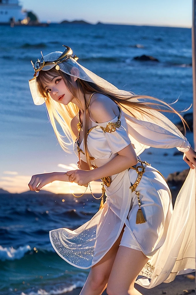 Sexy goddess,best qualityer,Snow-whiteskin,8K high quality,Sexy goddess,A pair of big eyes are beautiful and moving,Golden crown,Dressed in white veil,White gauze skirt at the bottom,White skin,Makeup,Red long-haired,curlies,Sexy outfit,Volt view,Look up,Armed with futuristic modern weapons,gold;jewely;Blue Electric,Space-time gate,milky ways,the ocean,swell sea,lighthouse,shoreline, nude girl