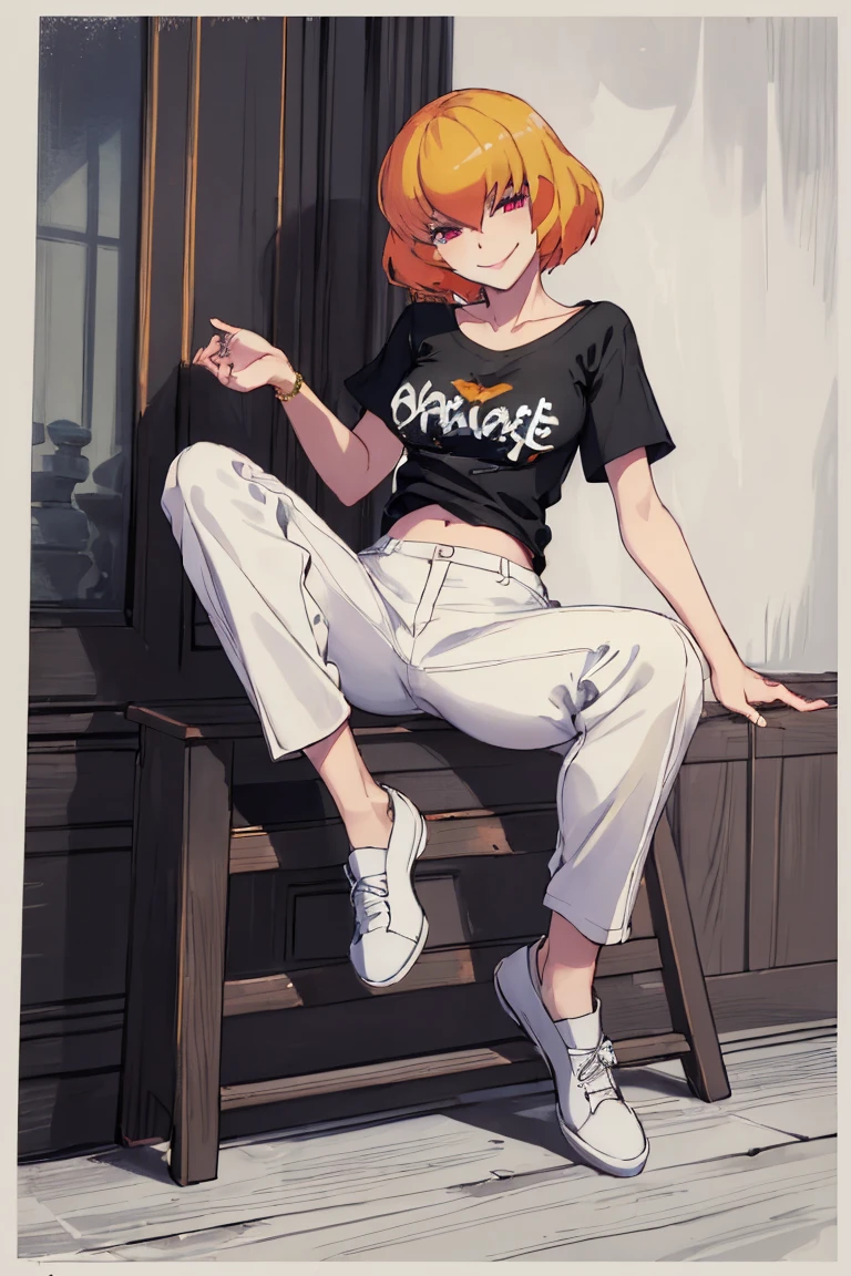 ((Highest quality)), ((masterpiece)), (be familiar with),Clementine,Overload,nsfw,Black and white t-shirt,No sleeve,Green Embroidery,White shoes,Fascinating,Black pants,Bewitching Smile,whole body