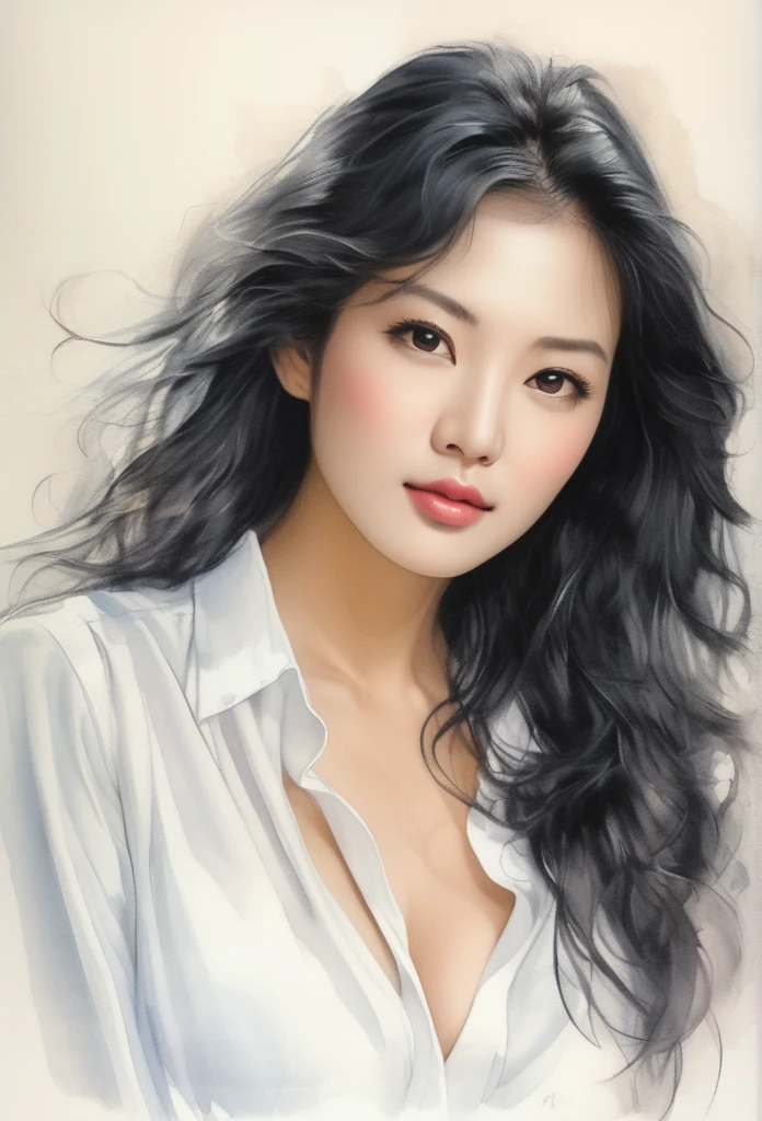 (Asian model)drawing of the face of a 35 year old woman,long curly black hair,big breasts,exposed cleavage,white satin shirt