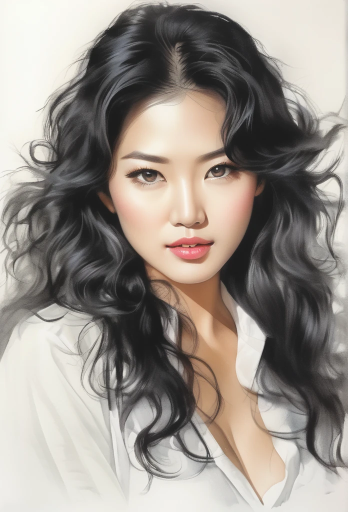 (Asian model)drawing of the face of a 35 year old woman,long curly black hair,big breasts,exposed cleavage,white satin shirt