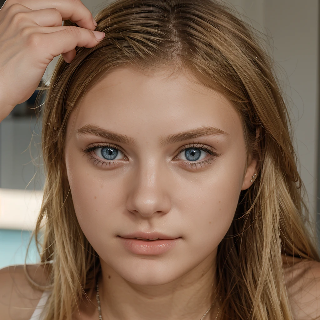 A young 19-year-old women, blonde hair, blue eyes.