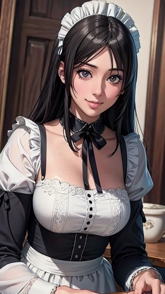 (Highest quality,4K,8K,High resolution,masterpiece:1.2),Super detailed,(Realistic,photoRealistic,photo-Realistic:1.37),Beautiful and detailed portrait of a woman, Fuller lips, Long eyelashes, Maid clothesを着て, A kind smile, Highly detailed face, Maid clothes, Intricate details, Vibrant colors, Dramatic lighting, Structure of the film, Anime-inspired art style