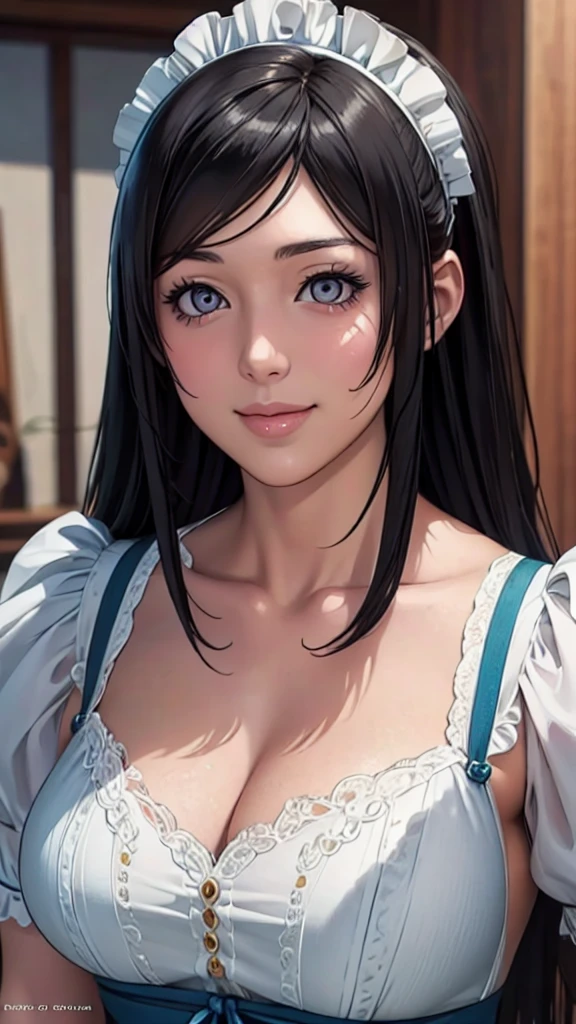 (Highest quality,4K,8K,High resolution,masterpiece:1.2),Super detailed,(Realistic,photoRealistic,photo-Realistic:1.37),Beautiful and detailed portrait of a woman, Fuller lips, Long eyelashes, Maid clothesを着て, A kind smile, Highly detailed face, Maid clothes, Intricate details, Vibrant colors, Dramatic lighting, Structure of the film, Anime-inspired art style