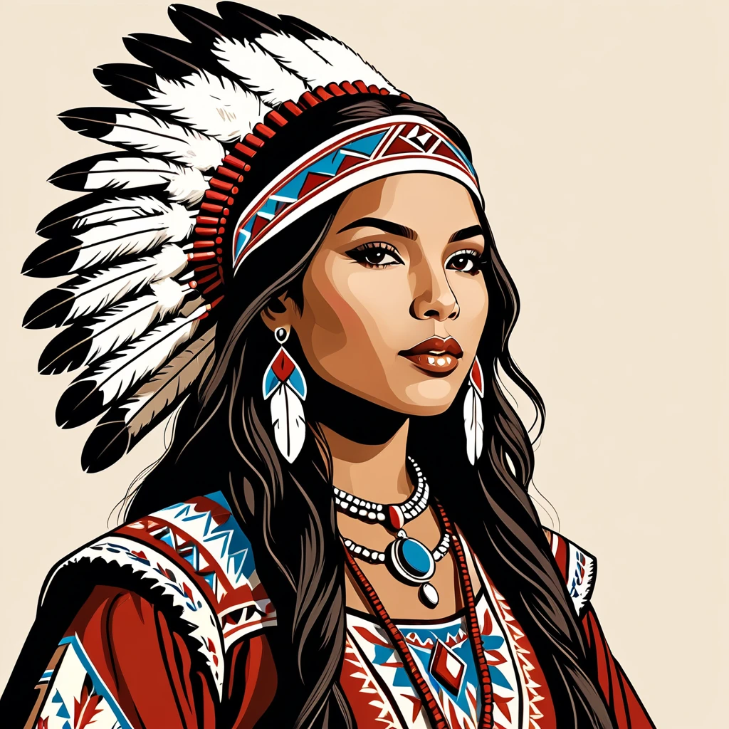 native american woman in folk outfit, vector graphics, strong contours
